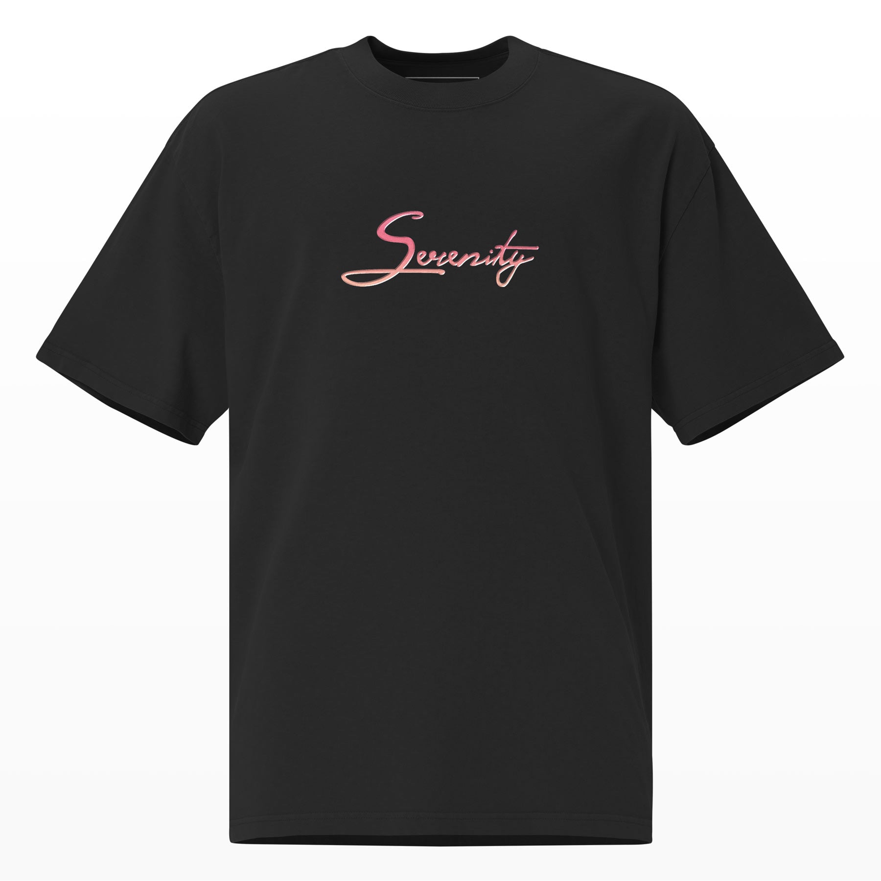 Parte delantera de la T-Shirt Serenity, diseño geométrico de los 80s, algodón 100% premium, estilo oversize, color negro, producción sostenible, streetwear mexicano, envío rápido. Diseño Aesthetic, Diseño Retro, 80s Vibes.