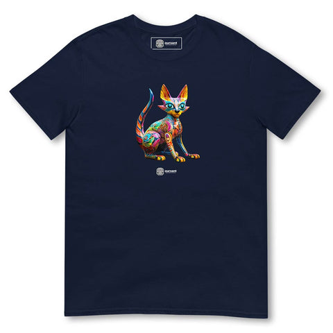 Alebrije-inspired cat T-shirt, Mexican and Latin art influences, vibrant and colorful design, unique cultural fusion wearable, Latinx Streetwear, Cat Alebrije, Latino, Cat Lover