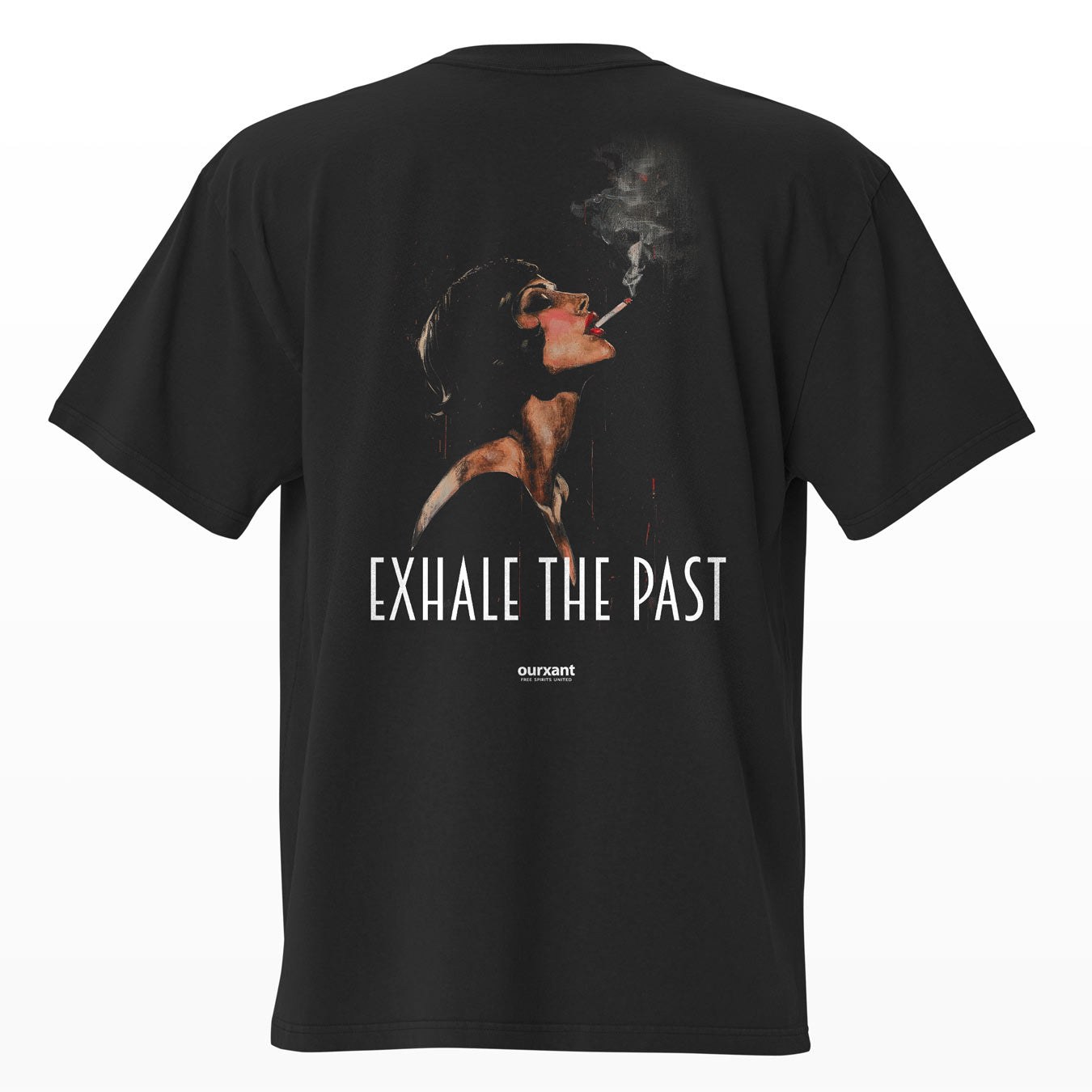 Parte trasera de la T-Shirt Exhale The Past, arte originalmente pintado a mano en la corriente del Art Noveau, óleo sobre tela, algodón 100% premium, estilo oversize, color negro, producción sostenible, streetwear mexicano, envío rápido. Emprendimiento Mexicano. Streetwear Mexicano. Diseño Aesthetic. Diseño Retro