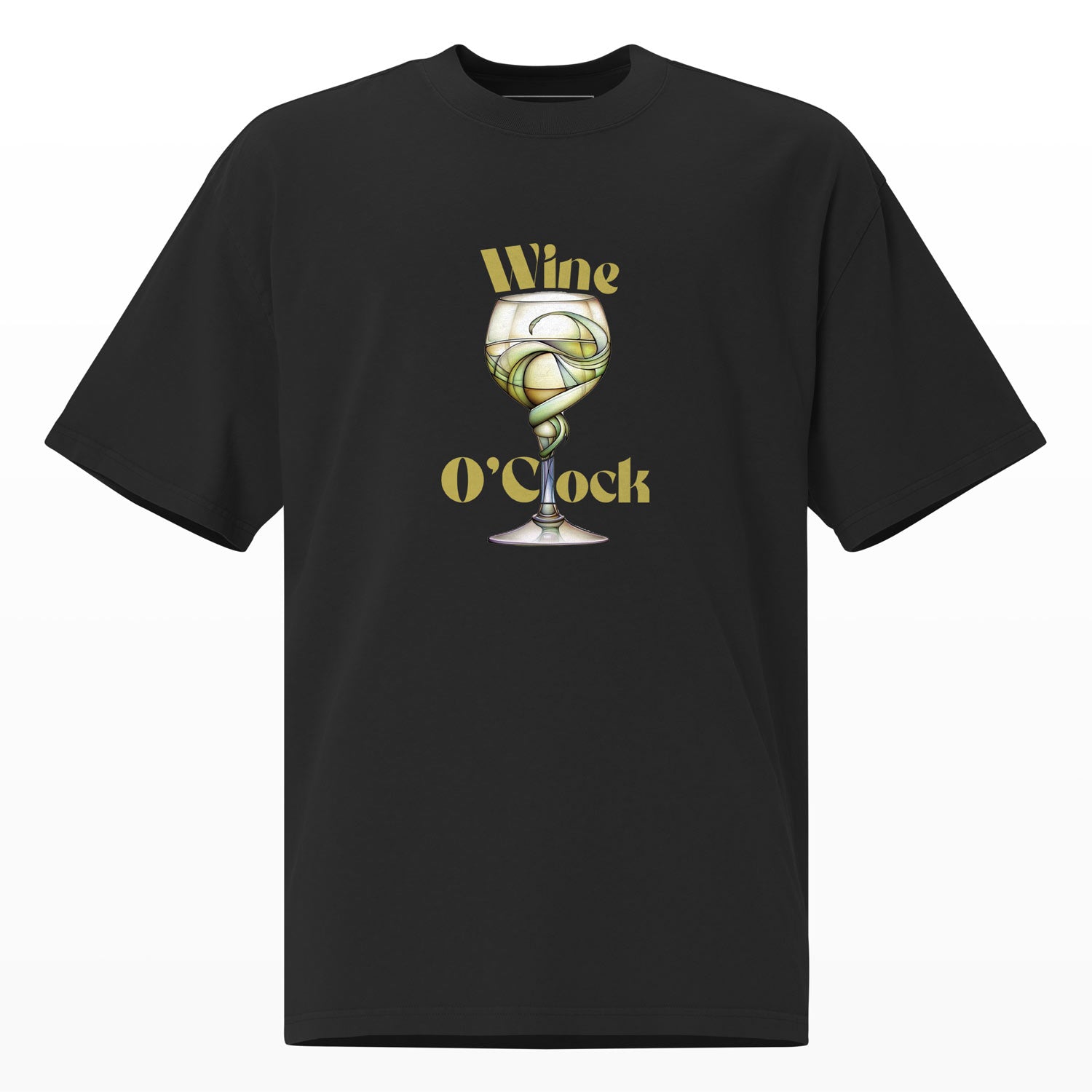 Parte delantera de la T-Shirt Wine O'Clock, Arte Original Art Noveau de una copa de vino blanco, algodón 100% premium, estilo oversize, color negro, producción sostenible, streetwear mexicano, envío rápido. Diseño Aesthetic. Arte Retro 