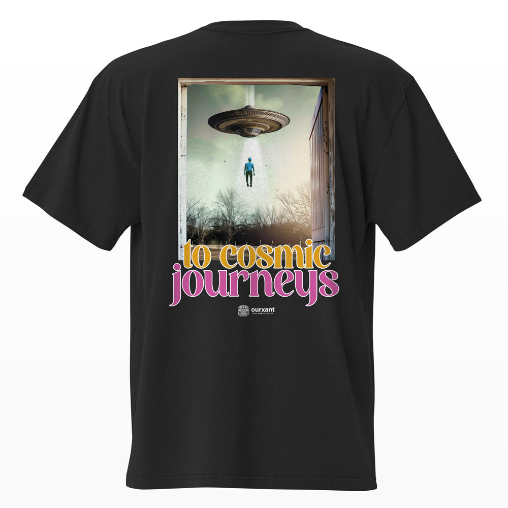 Parte trasera de la T-Shirt Curiosity, diseño "cosmic journeys", algodón 100% premium, estilo oversize, color negro, producción sostenible, streetwear mexicano, envío rápido.