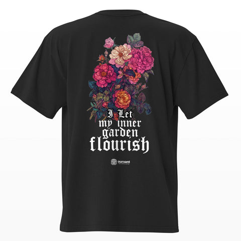 Parte trasera de la T-Shirt Flores en el Estilo del Arte Nouveau, algodón premium, estilo oversize, color negro, streetwear con arte mexicano