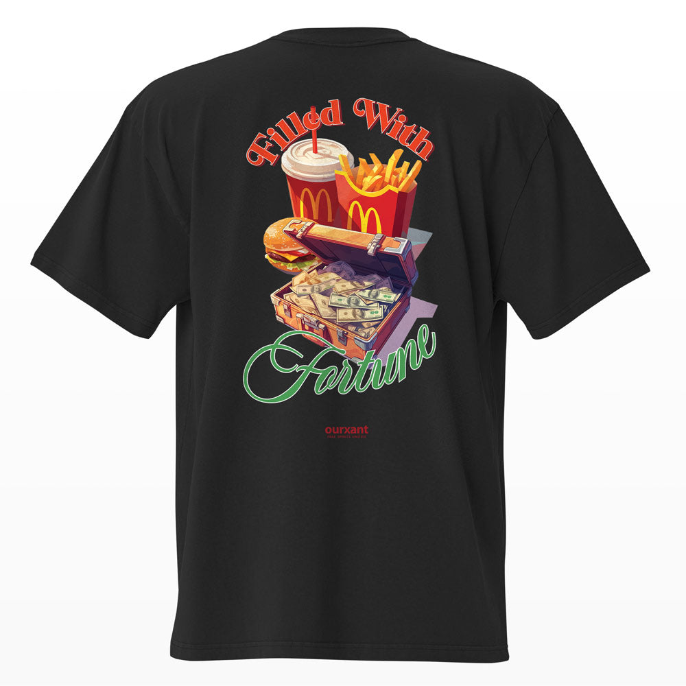 Parte trasera de la T-Shirt Fortune Happy Meal, algodón 100% premium, estilo oversize, color negro, producción sostenible, streetwear con arte mexicano, envío rápido.