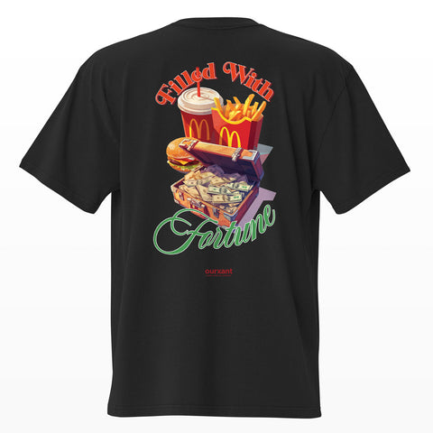 Parte trasera de la T-Shirt Fortune Happy Meal, algodón 100% premium, estilo oversize, color negro, producción sostenible, streetwear con arte mexicano, envío rápido.