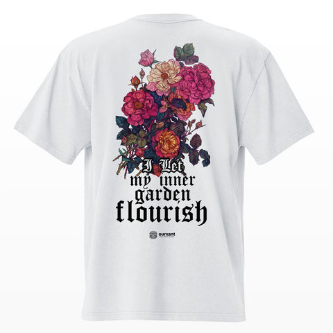 Parte trasera de la T-Shirt Flores en el Estilo del Arte Nouveau, algodón premium, estilo oversize, color blanco, streetwear con arte mexicano