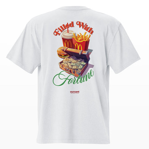 Parte trasera de la T-Shirt Fortune Happy Meal, algodón 100% premium, estilo oversize, color blanco, producción sostenible, streetwear con arte mexicano, envío rápido.