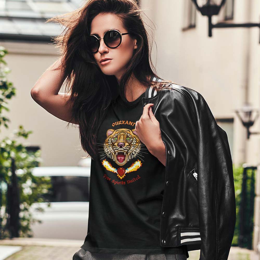 Tiger Woman T-Shirt, Latina Streetwear, Ethical production, Conscious fashion revolution, Latinx Streetwear, Style, Latina T-Shirt, Sustainable premium streetwear , Woman cotton T-shirt, Latinx street art style, Tiger artwork, Fashion-forward, Comfortable and soft, Eco-conscious choice.