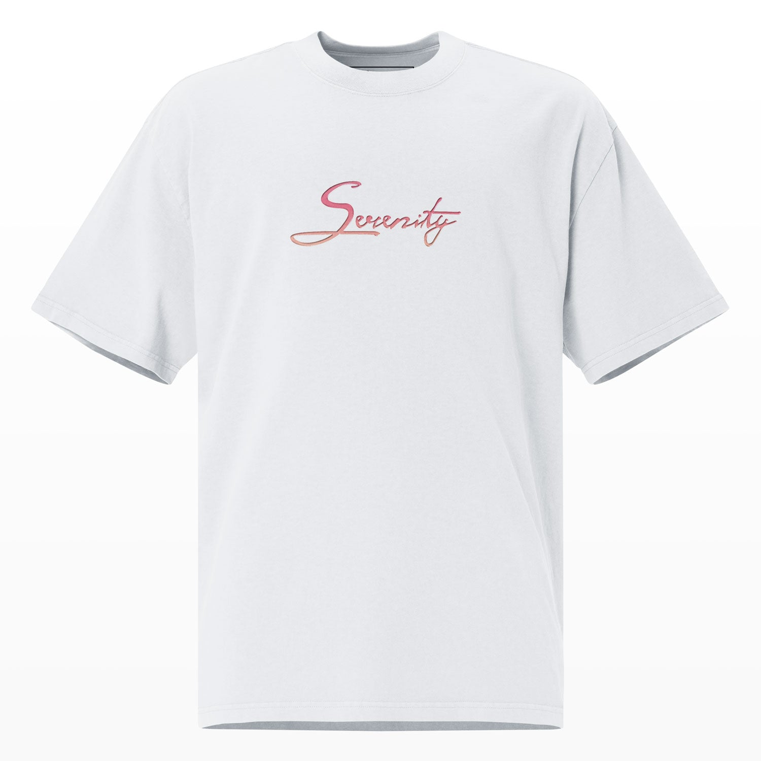 Parte delantera de la T-Shirt Serenity, diseño geométrico de los 80s, algodón 100% premium, estilo oversize, color blanco, producción sostenible, streetwear mexicano, envío rápido. Diseño Aesthetic, Diseño Retro, 80s Vibes