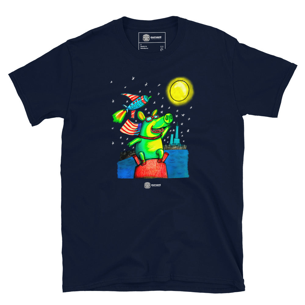 Sustainable streetwear t-shirt, Original artwork print tee, Premium cotton fashion, Unisex streetwear design, Comfortable and durable t-shirt, Fly Me to The Moon inspired clothing, Street art style fashion, Pig and rocket artwork print, Latino Streetwear, Ethical fashion