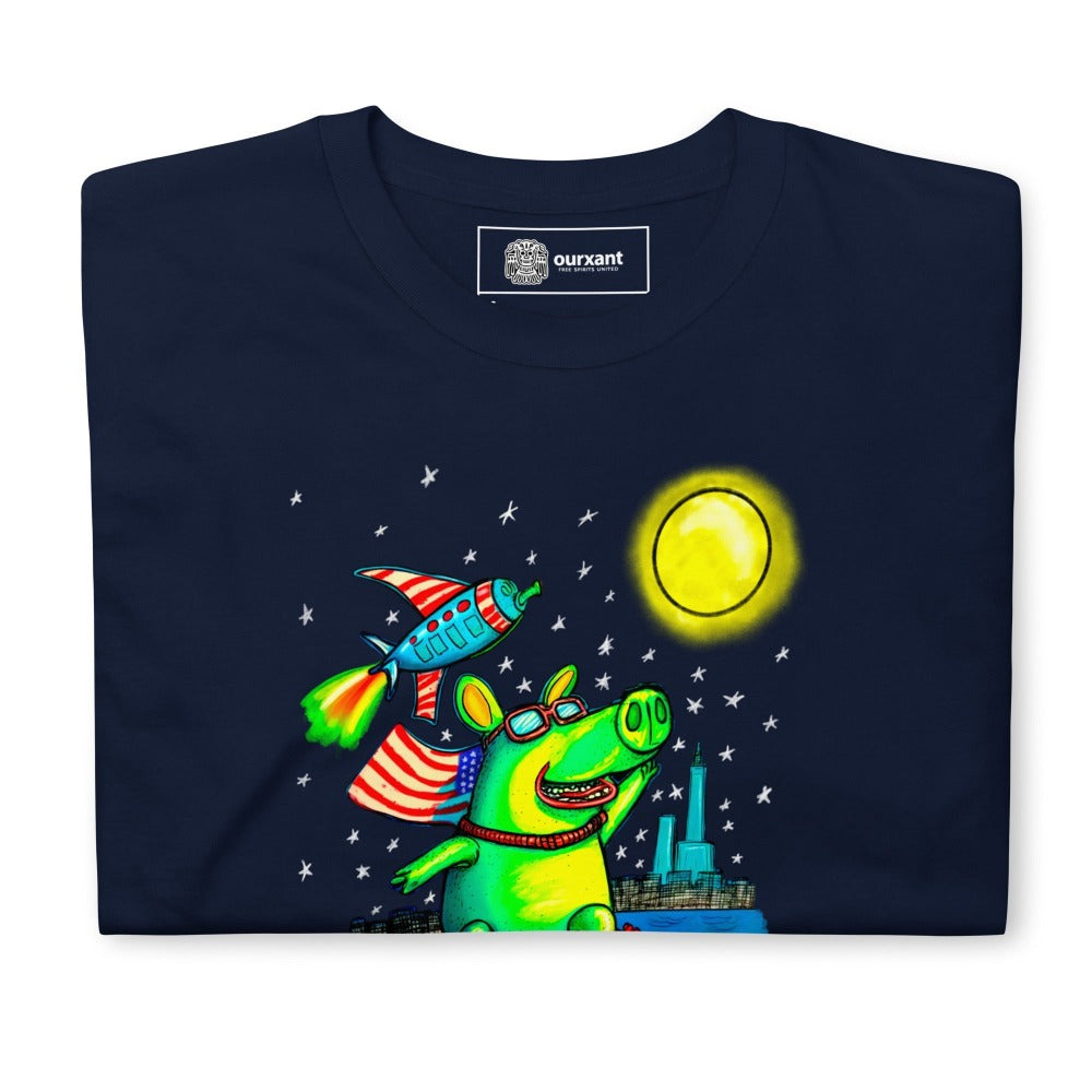 Sustainable streetwear t-shirt, Original artwork print tee, Premium cotton fashion, Unisex streetwear design, Comfortable and durable t-shirt, Fly Me to The Moon inspired clothing, Street art style fashion, Pig and rocket artwork print, Latino Streetwear, Ethical fashion